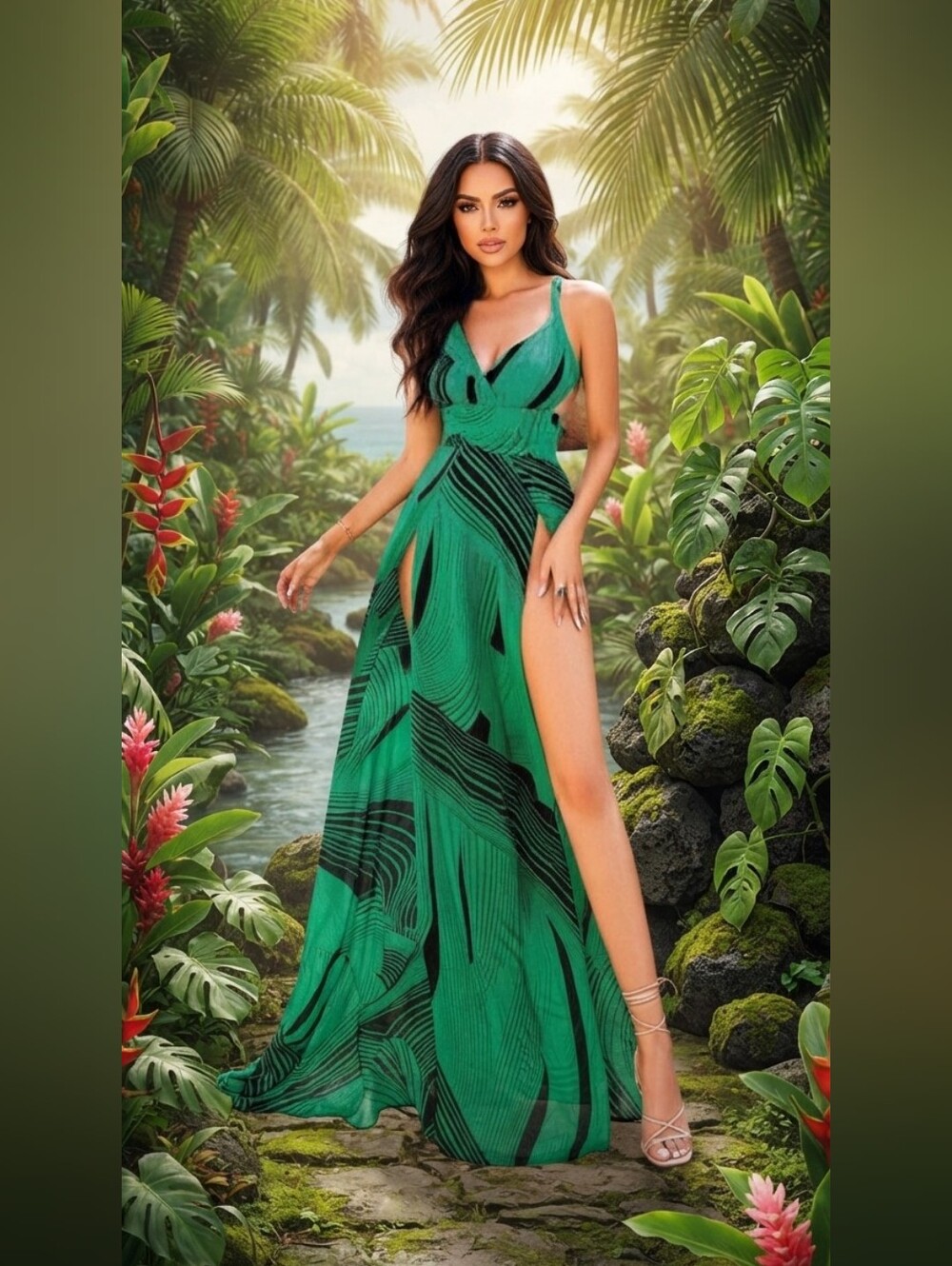 MULTICOLOR GRAPHIC RUCHED, WRAP, DEEP PLUNGING,  SLIT